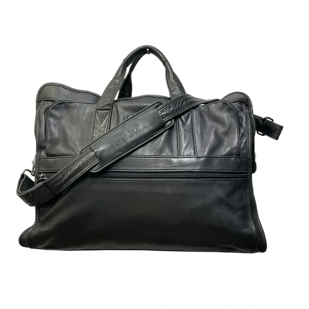 🧳 TUMI Leather Expandable Laptop Briefcase — Black Executive Business Bag 15–16”